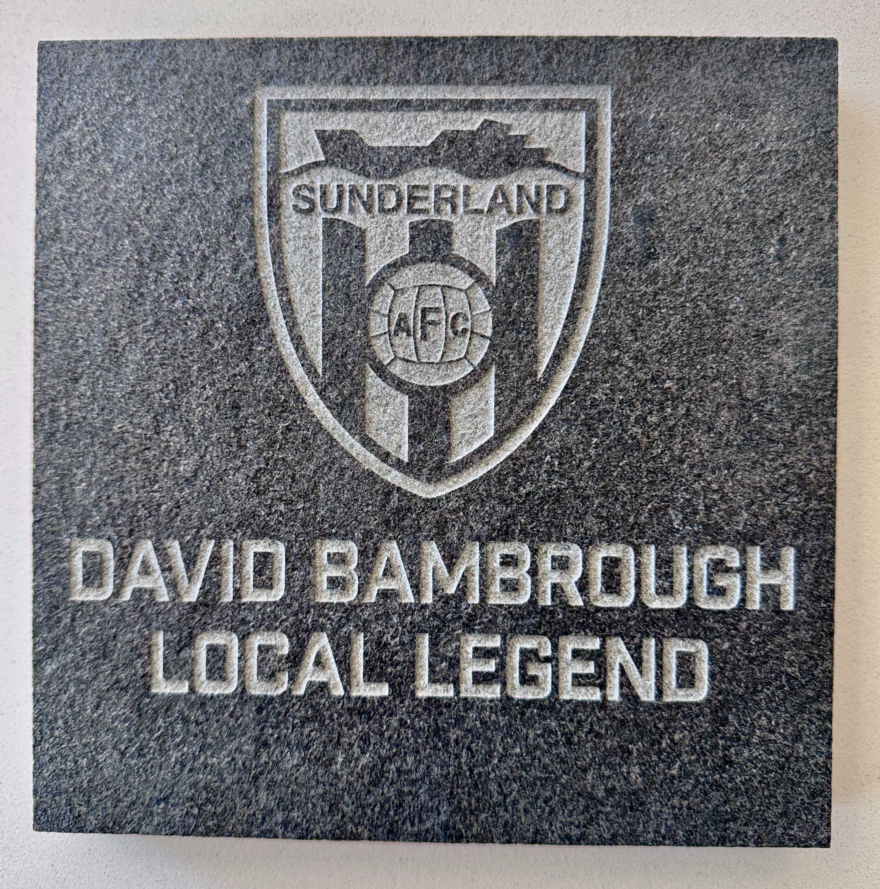 Granite slab engraved with David Bambrough Local Legend and the Sunderland AFC badge